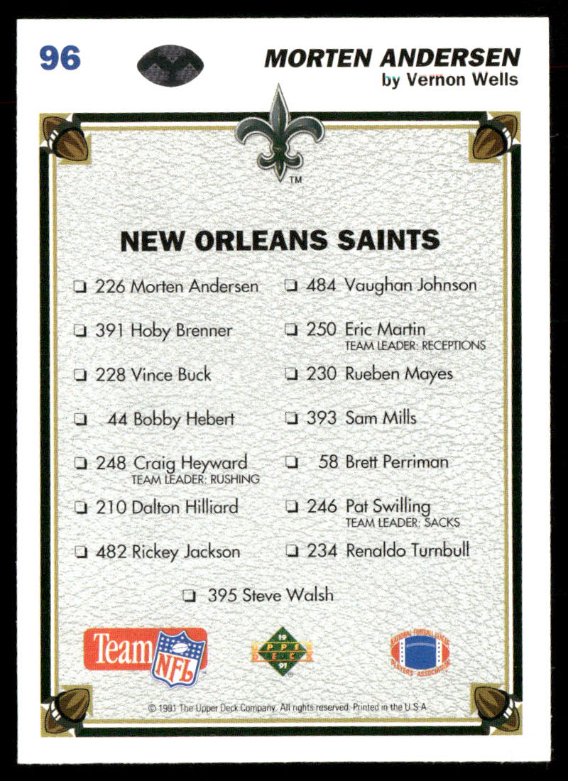 Morten Andersen 1991 Upper Deck #96 New Orleans Saints back