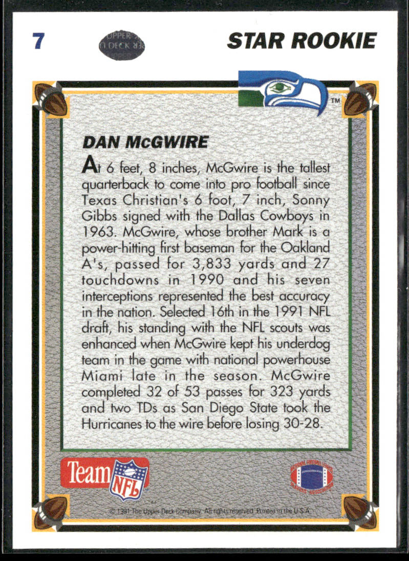 Dan McGwire 1991 Upper Deck #7b RC Seattle Seahawks back