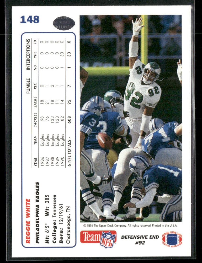 Reggie White 1991 Upper Deck #148b Philadelphia Eagles back