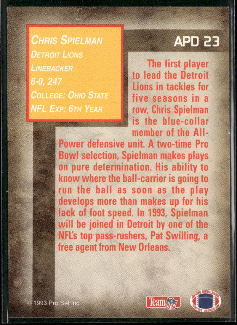 Chris Spielman 1993 Pro Set Power All-Power Defense #APD23 Detroit Lions