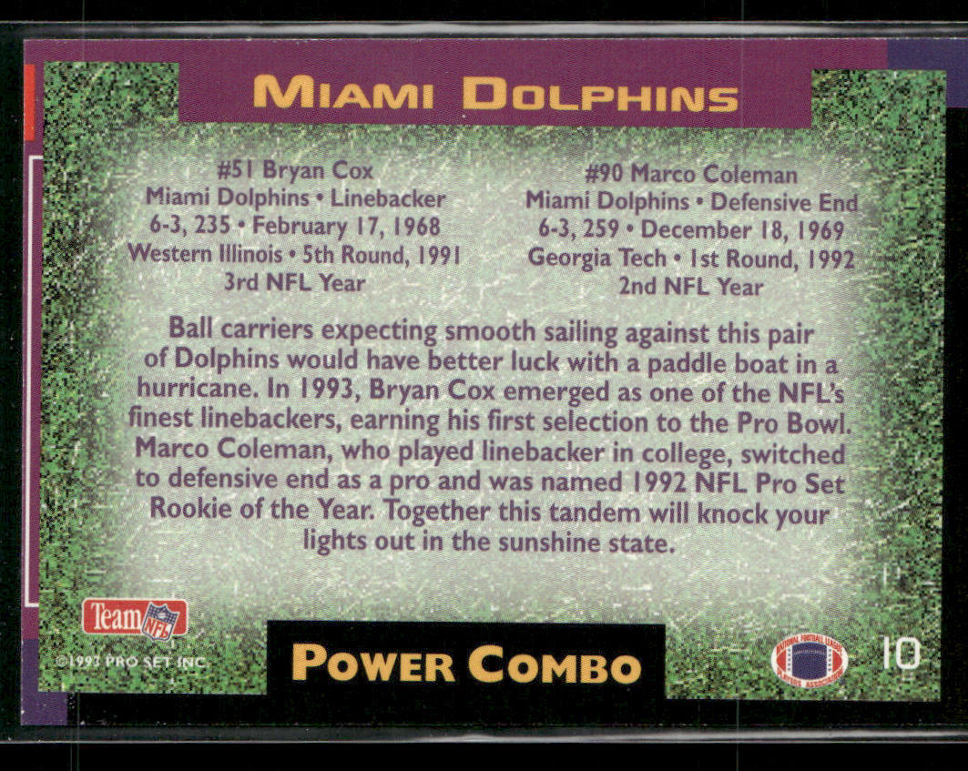 Bryan Cox / Marco Coleman 1993 Pro Set Power Combos #10 Miami Dolphins