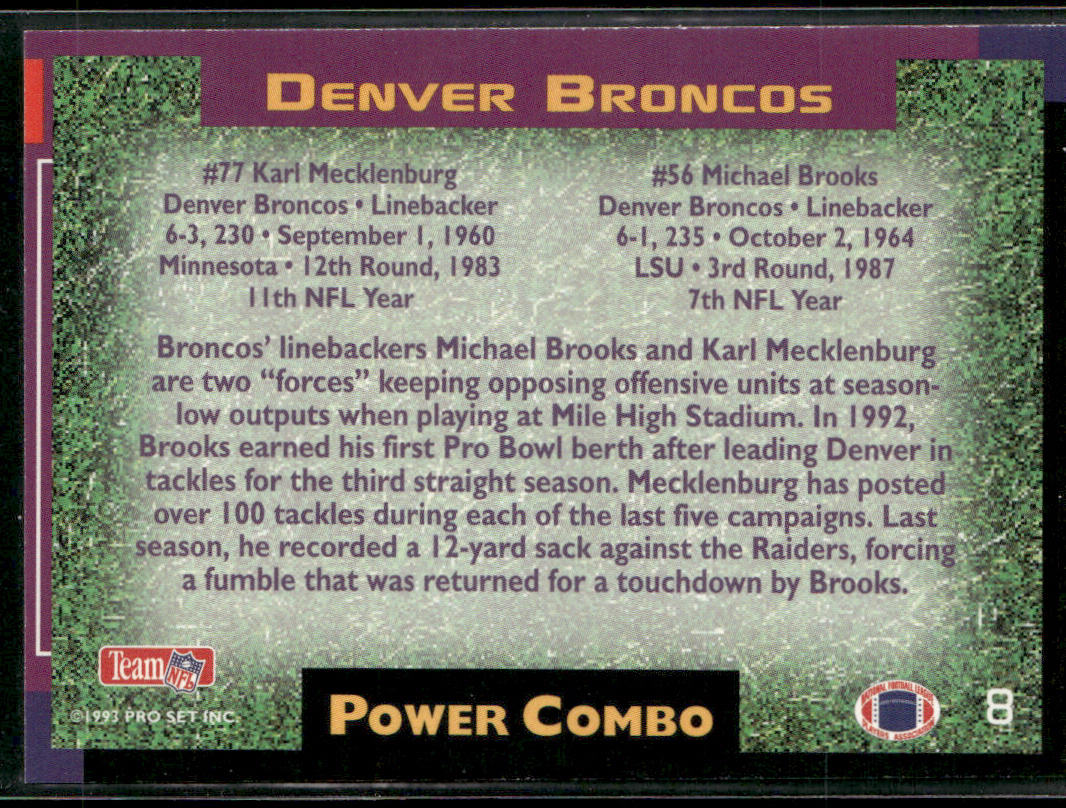Karl Mecklenburg / Michael Brooks 1993 Pro Set Power Combos #8 Denver Broncos back