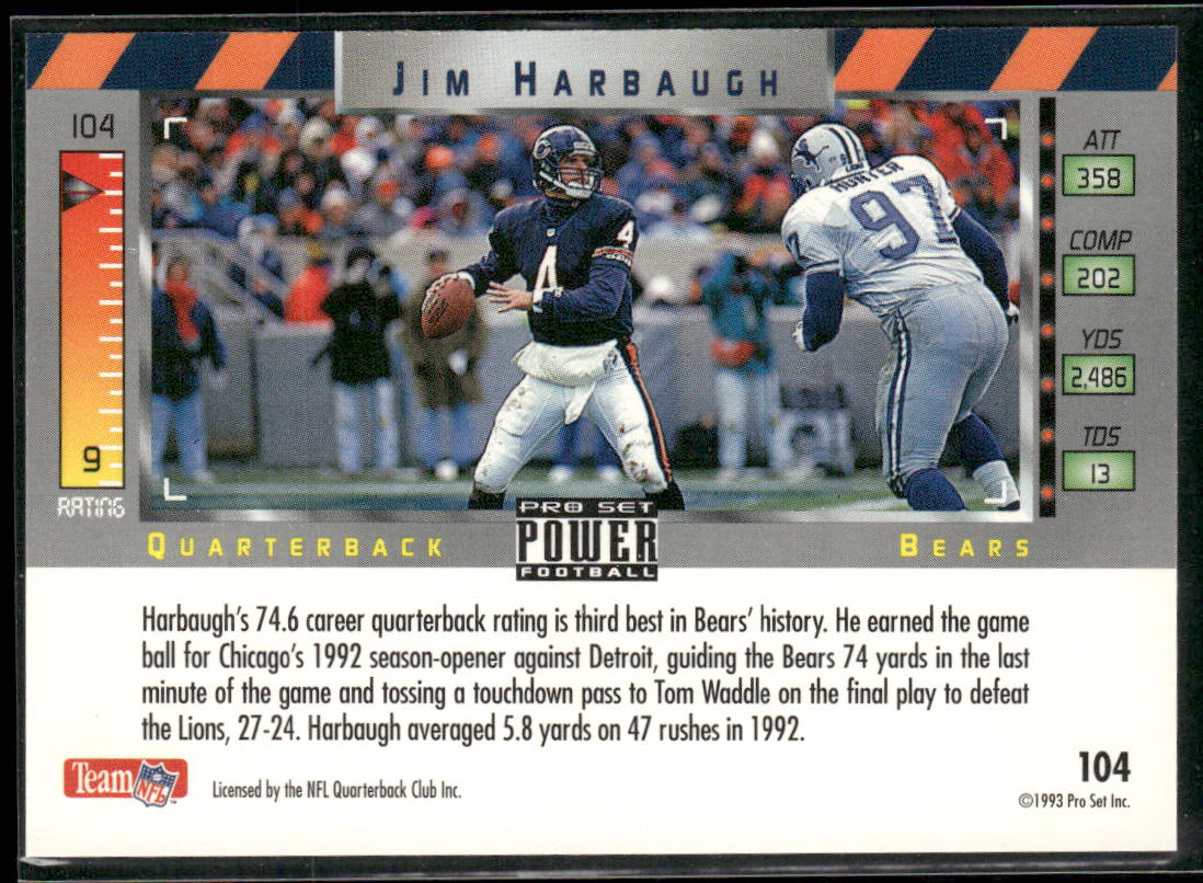 Jim Harbaugh 1993 Pro Set Power #104 Chicago Bears back