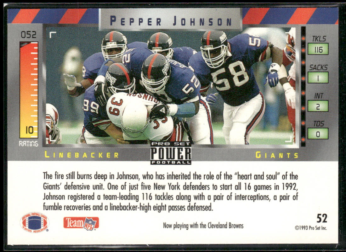 Pepper Johnson 1993 Pro Set Power #52 New York Giants