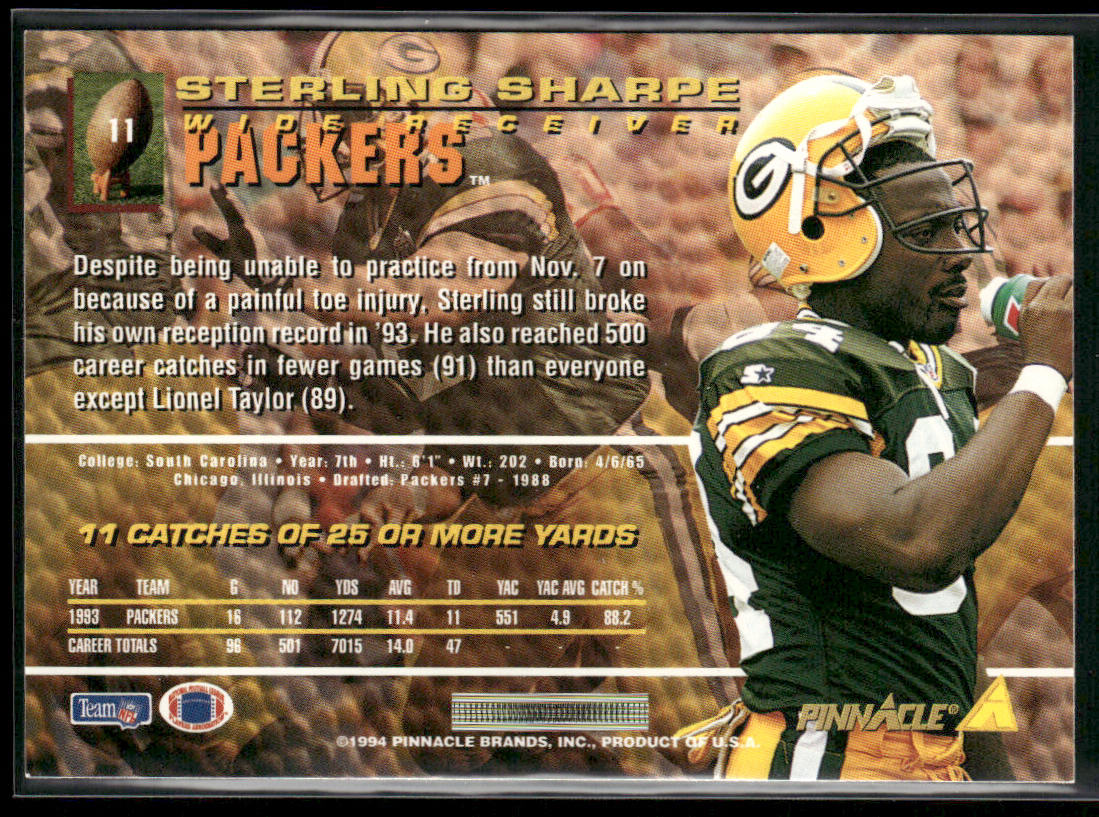 Sterling Sharpe 1994 Pinnacle #11 Green Bay Packers back