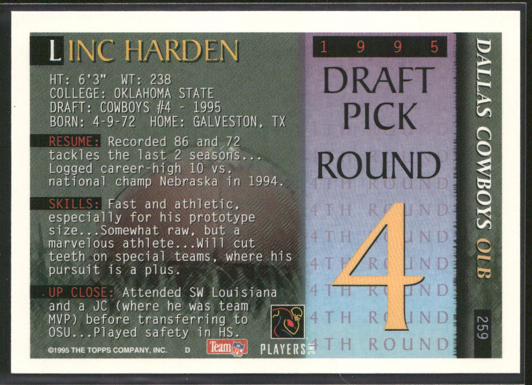 Linc Harden 1995 Bowman #259 RC Dallas Cowboys