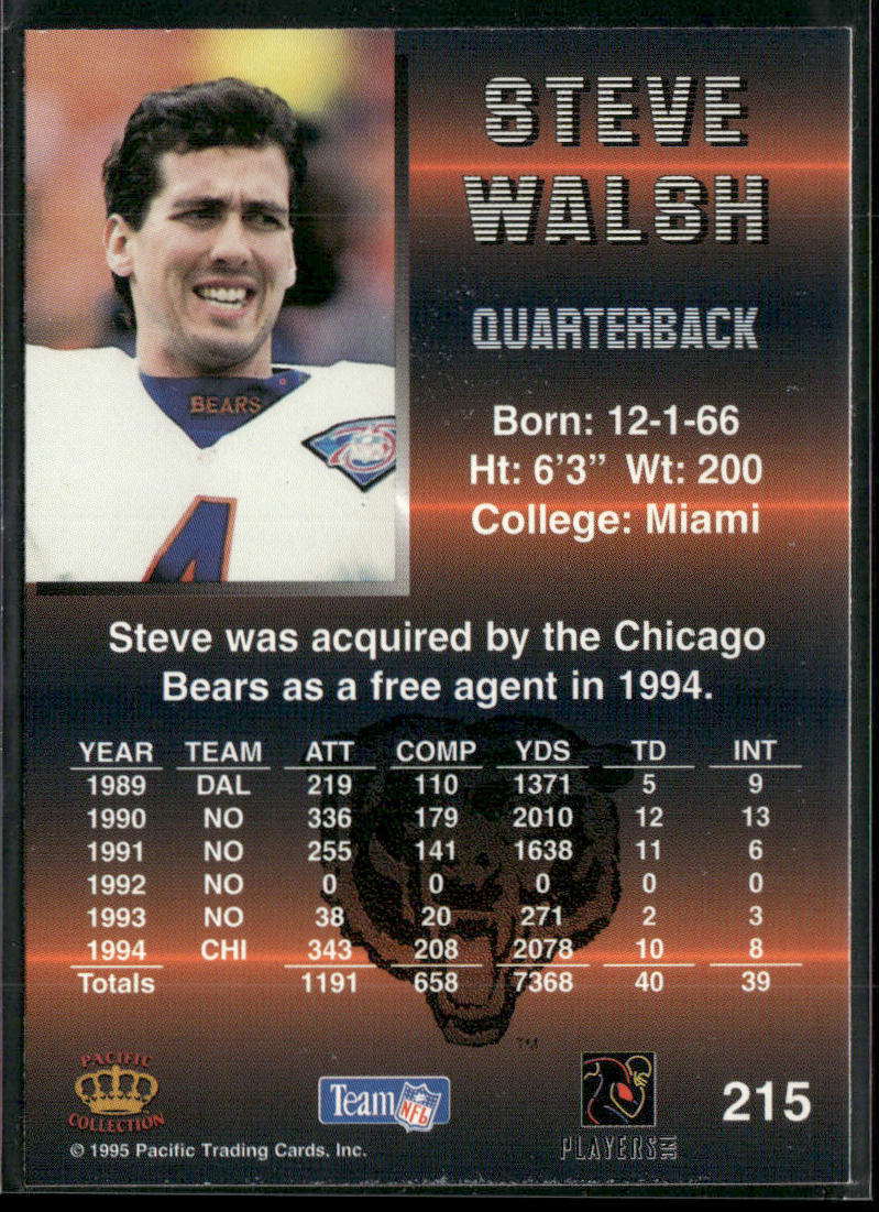 Steve Walsh 1995 Pacific #215 Chicago Bears back