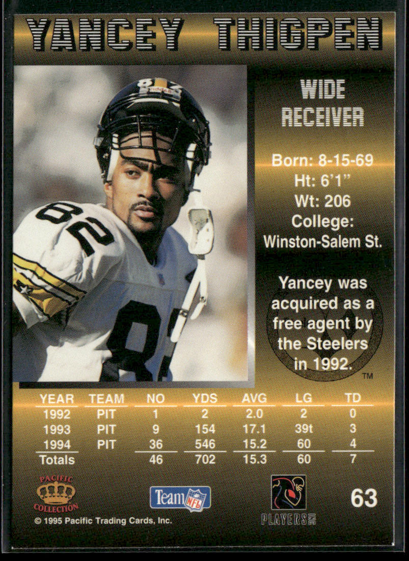 Yancey Thigpen 1995 Pacific #63 RC Pittsburgh Steelers back