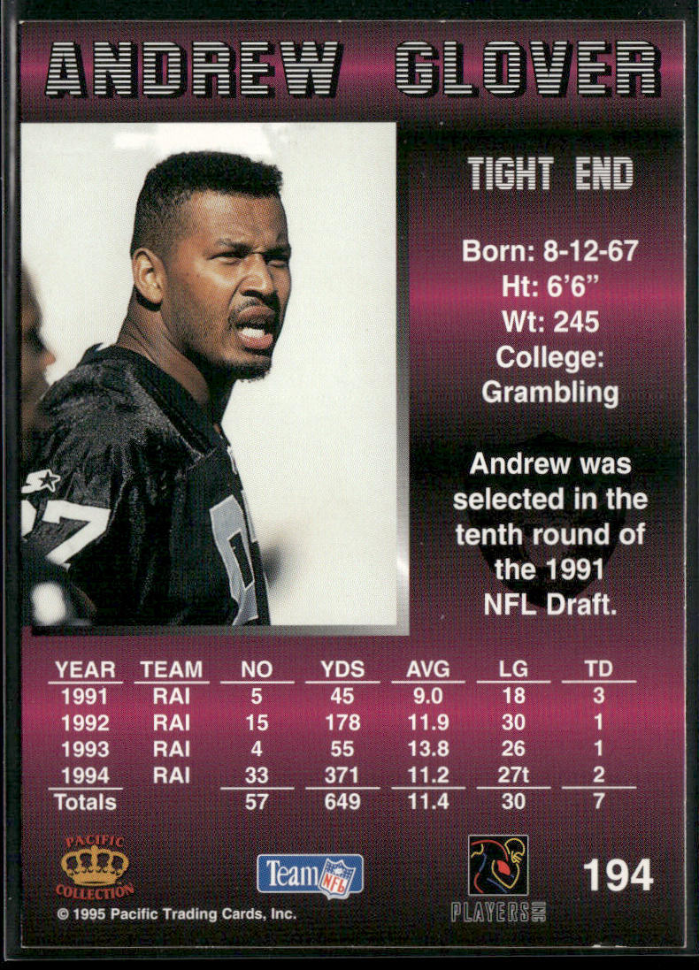Andrew Glover 1995 Pacific #194 RC Oakland Raiders