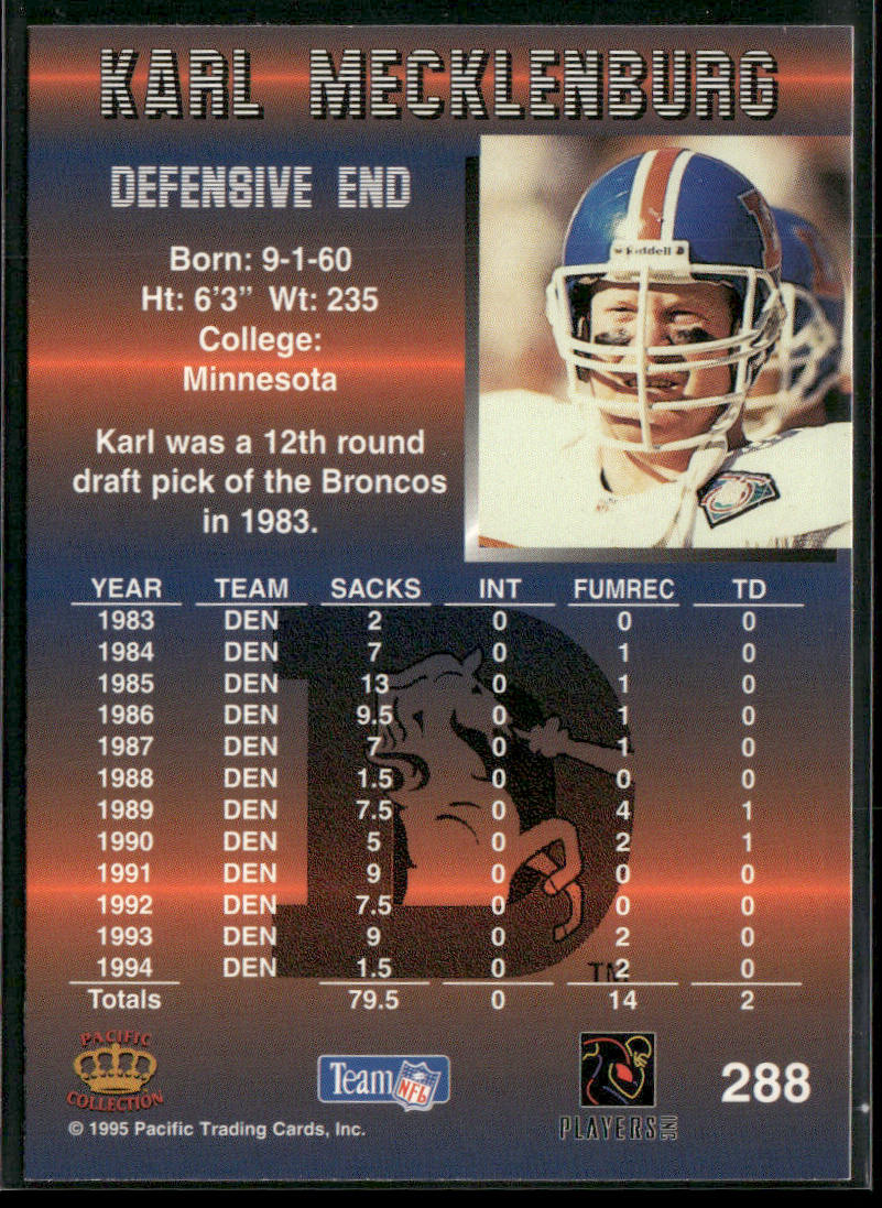Karl Mecklenburg 1995 Pacific #288 Denver Broncos back