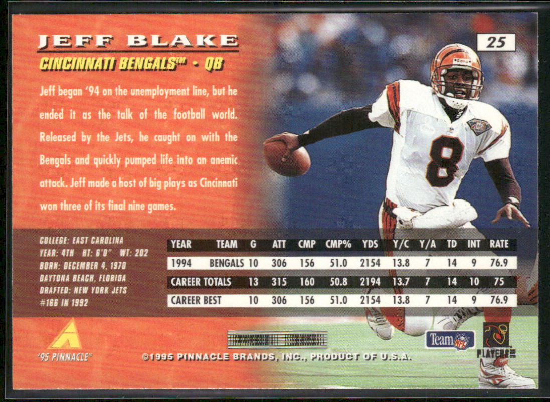 Jeff Blake 1995 Pinnacle #25 RC Cincinnati Bengals