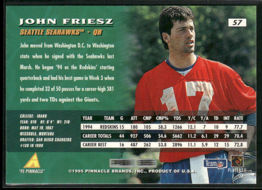 John Friesz 1995 Pinnacle #57 Seattle Seahawks