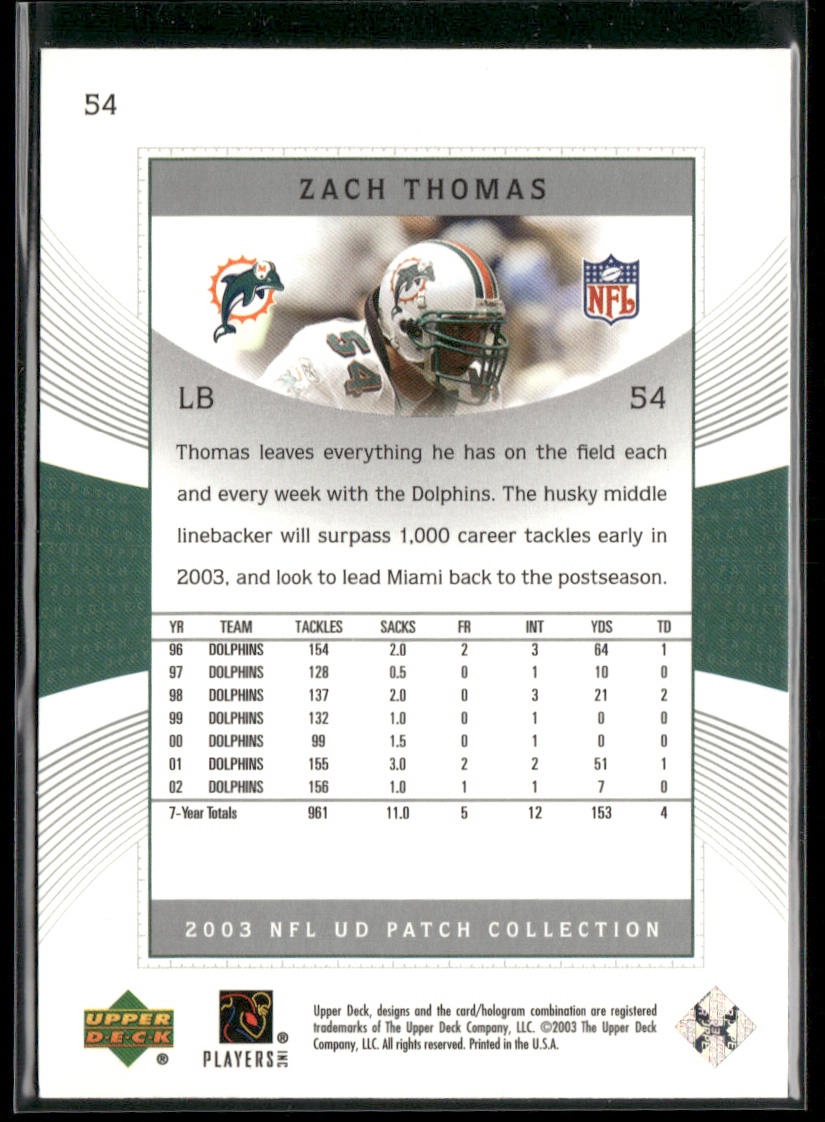 Zach Thomas 2003 UD Patch Collection #54 Miami Dolphins