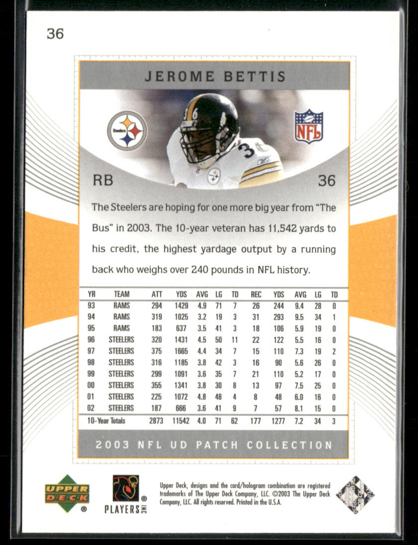 Jerome Bettis 2003 UD Patch Collection #36 Pittsburgh Steelers