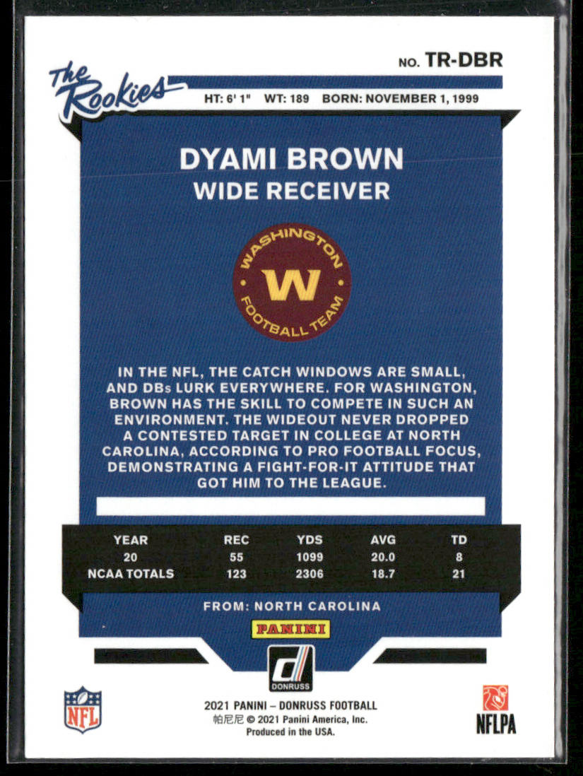 Dyami Brown 2021 Donruss The Rookies #TR-DBR Washington Football Team