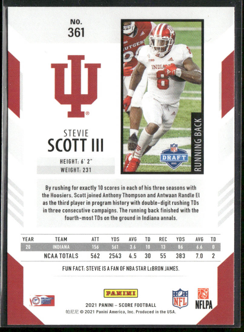 Stevie Scott III 2021 Score #361 RC Indiana Hoosiers