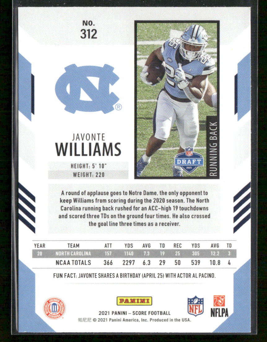 Javonte Williams 2021 Score #312 RC North Carolina Tar Heels