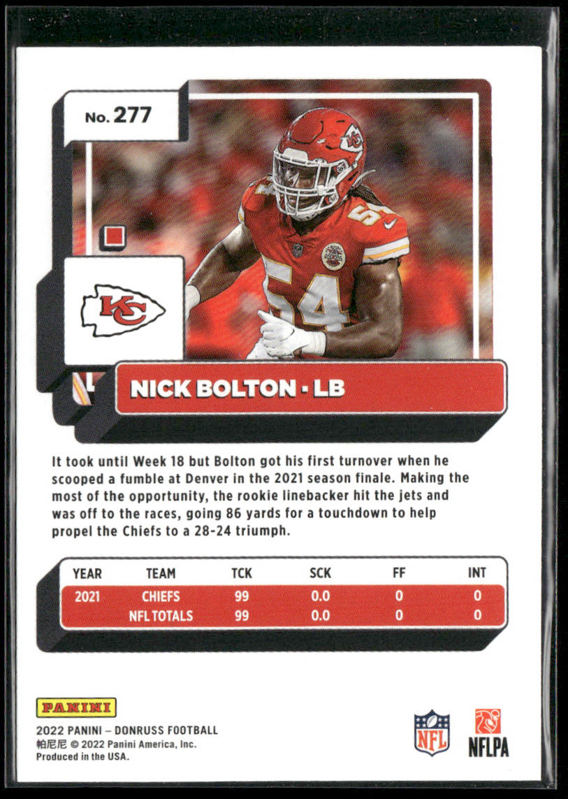 Nick Bolton 2022 Donruss #277 Kansas City Chiefs back