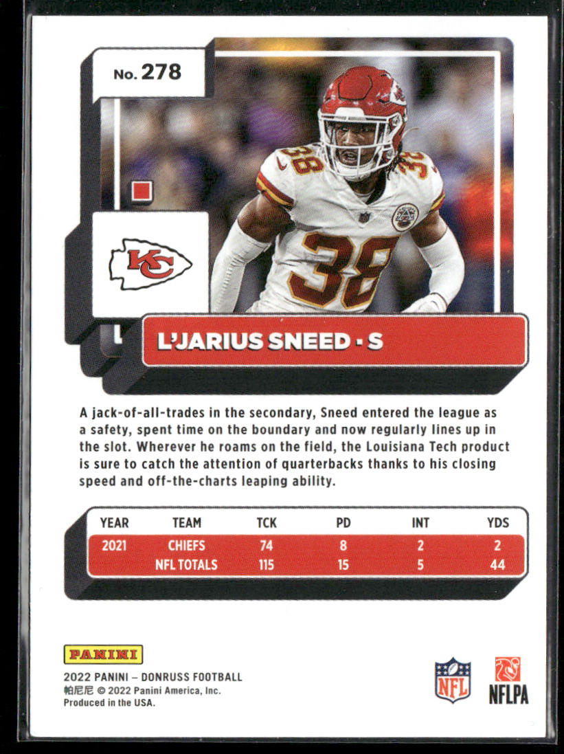 L'Jarius Sneed 2022 Donruss #278 Kansas City Chiefs back