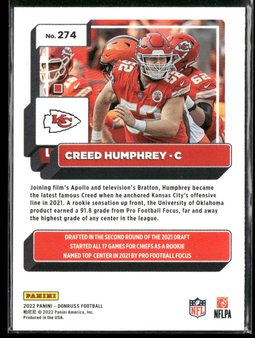 Creed Humphrey 2022 Donruss #274 Kansas City Chiefs back