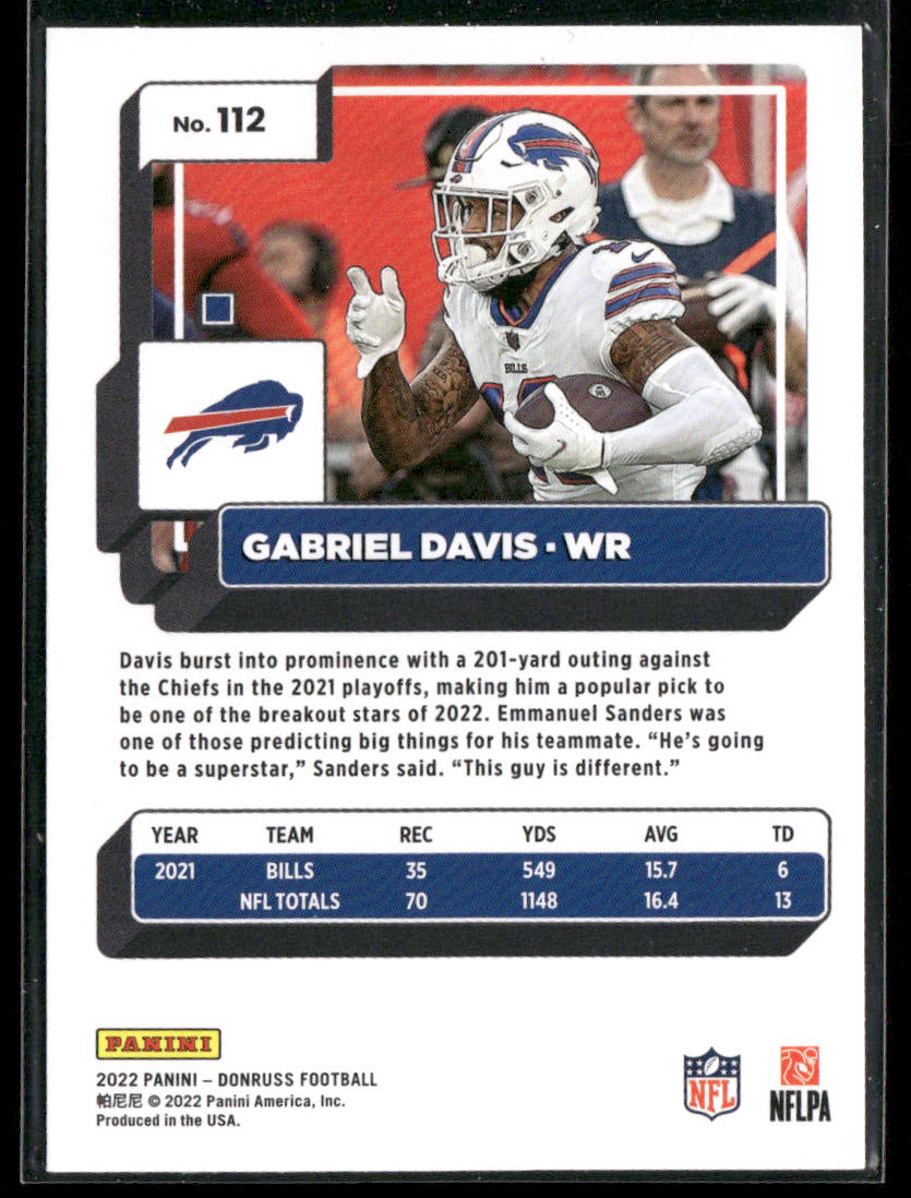 Gabriel Davis 2022 Donruss #112 Buffalo Bills back