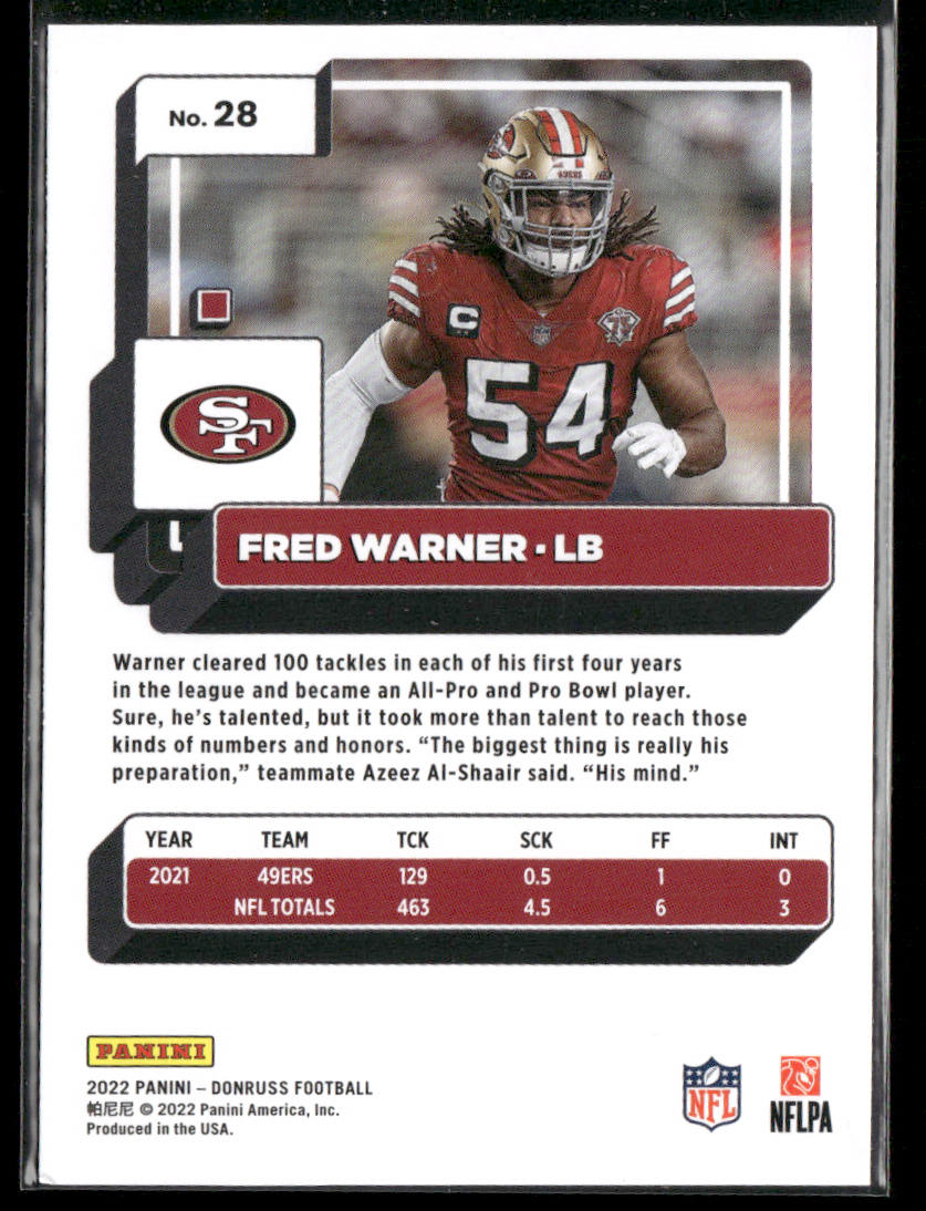 Fred Warner 2022 Donruss #28 San Francisco 49ers back