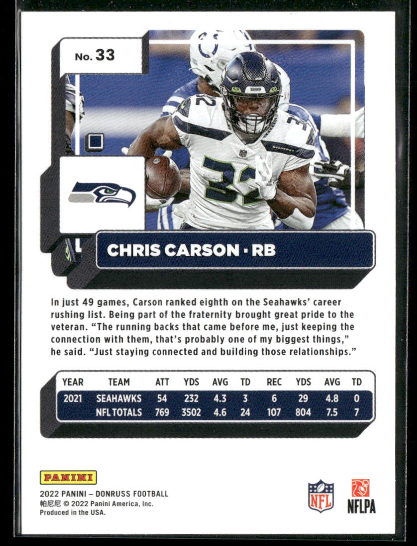Chris Carson 2022 Donruss #33 Seattle Seahawks back