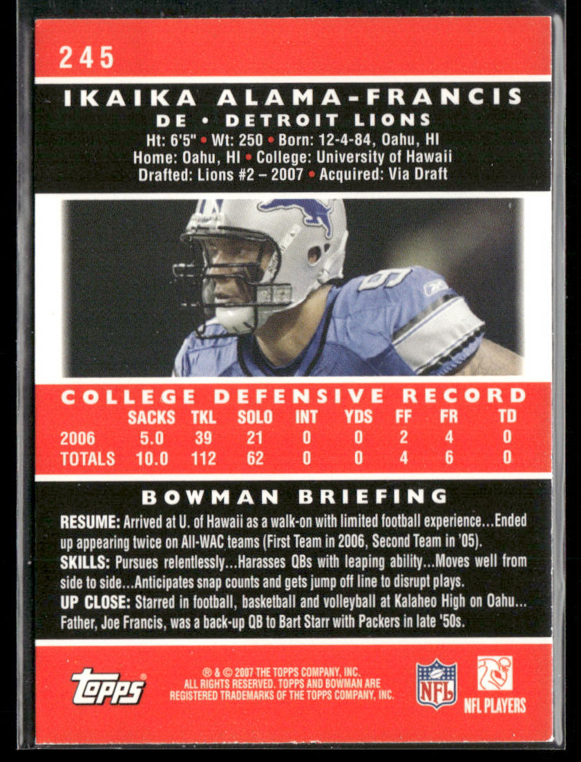 Ikaika Alama-Francis 2007 Bowman #245 RC Detroit Lions
