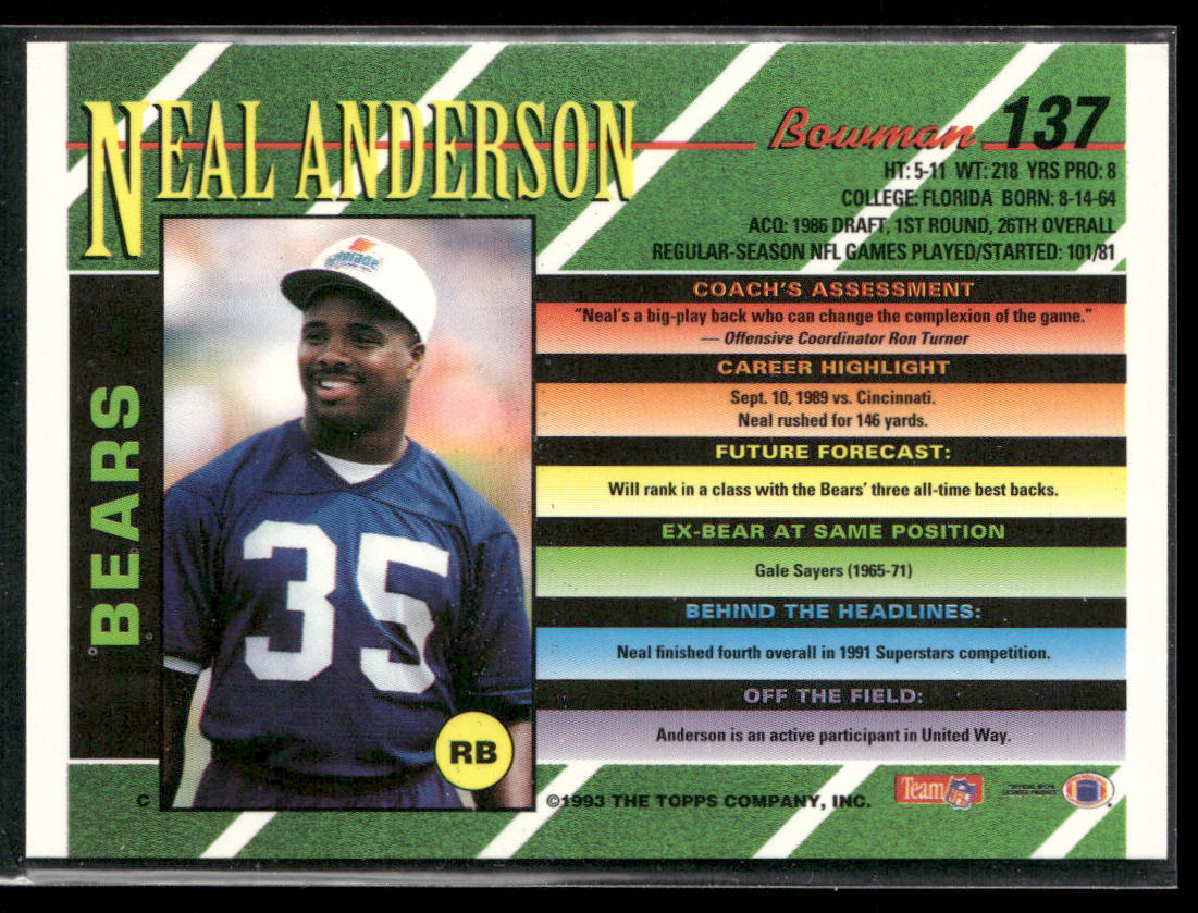 Neal Anderson 1993 Bowman #137 Chicago Bears