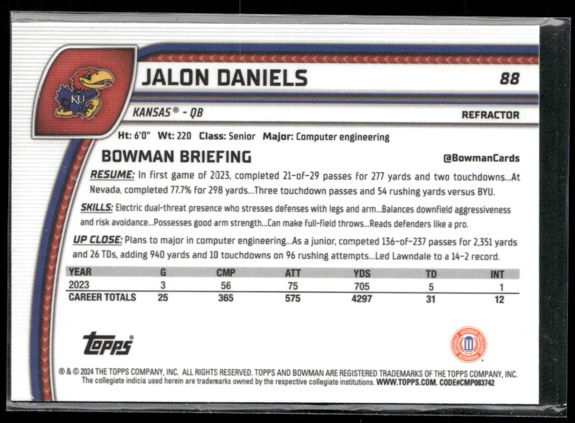 Jalon Daniels 2024 Bowman University Chrome Refractor #88 Kansas Jayhawks