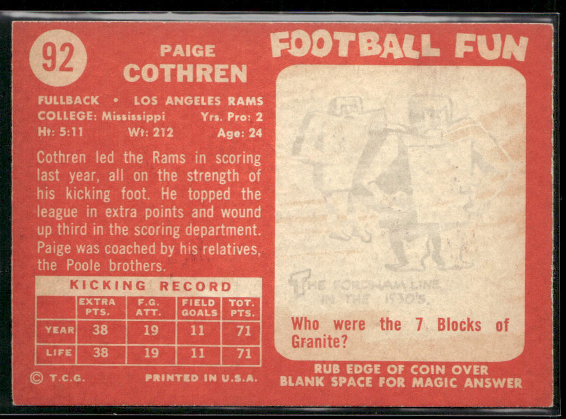 Paige Cothren 1958 Topps #92 RC Los Angeles Rams