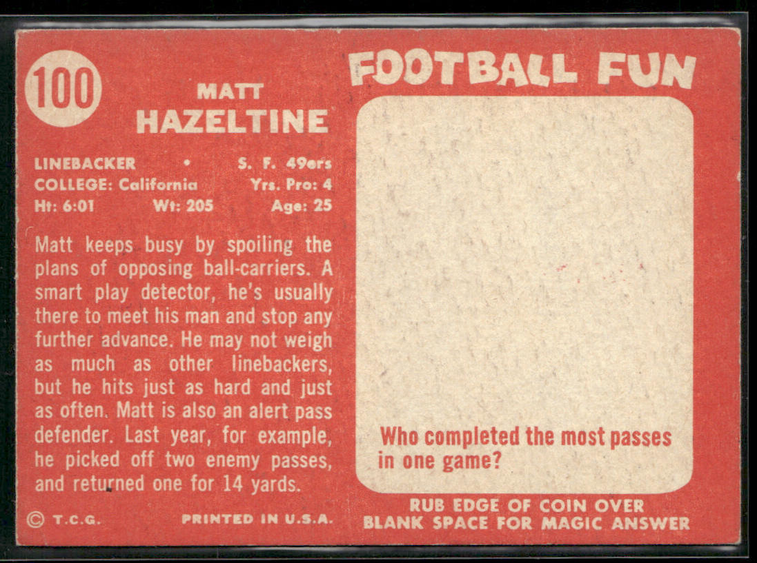 Matt Hazeltine 1958 Topps #100 RC San Francisco 49ers