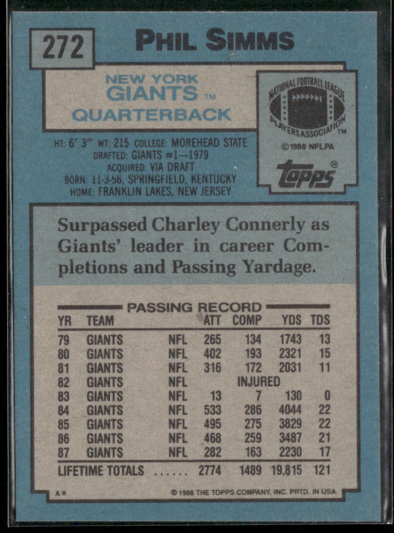 Phil Simms 1988 Topps #272 New York Giants