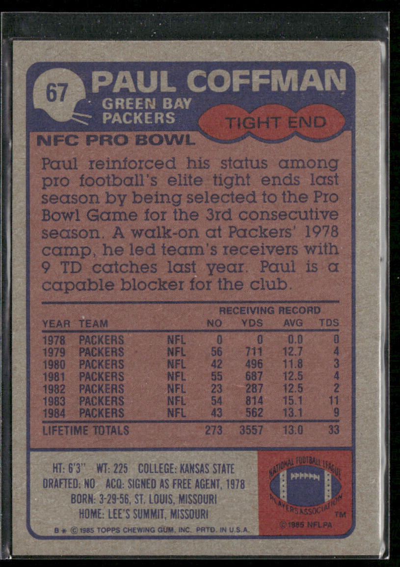 Paul Coffman 1985 Topps #67 Green Bay Packers