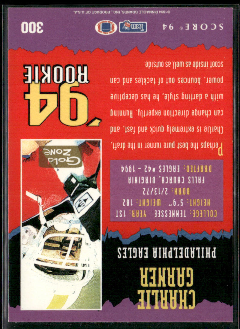 Charlie Garner 1994 Score Gold Zone #300 RC Philadelphia Eagles