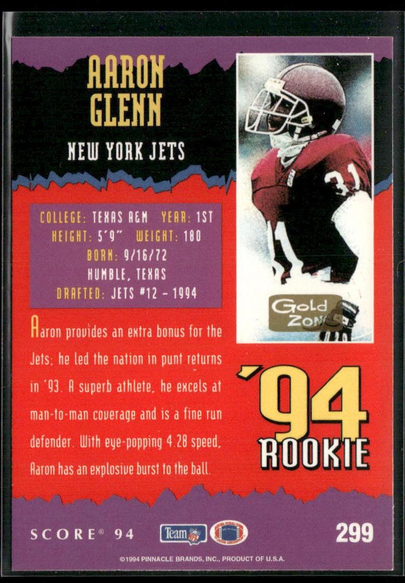 Aaron Glenn 1994 Score Gold Zone #299 RC New York Jets