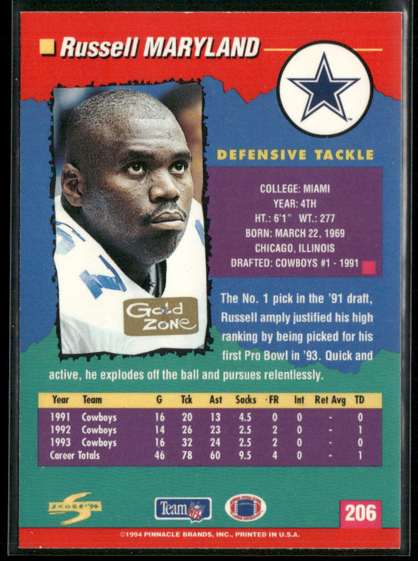 Russell Maryland 1994 Score Gold Zone #206 Dallas Cowboys