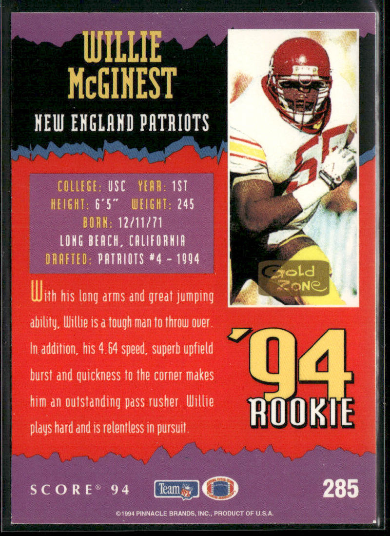 Willie McGinest 1994 Score Gold Zone #285 RC New England Patriots
