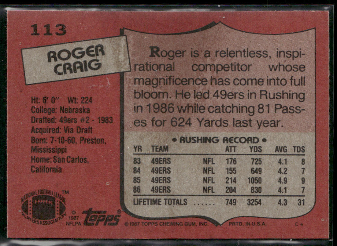 Roger Craig 1987 Topps #113 San Francisco 49ers
