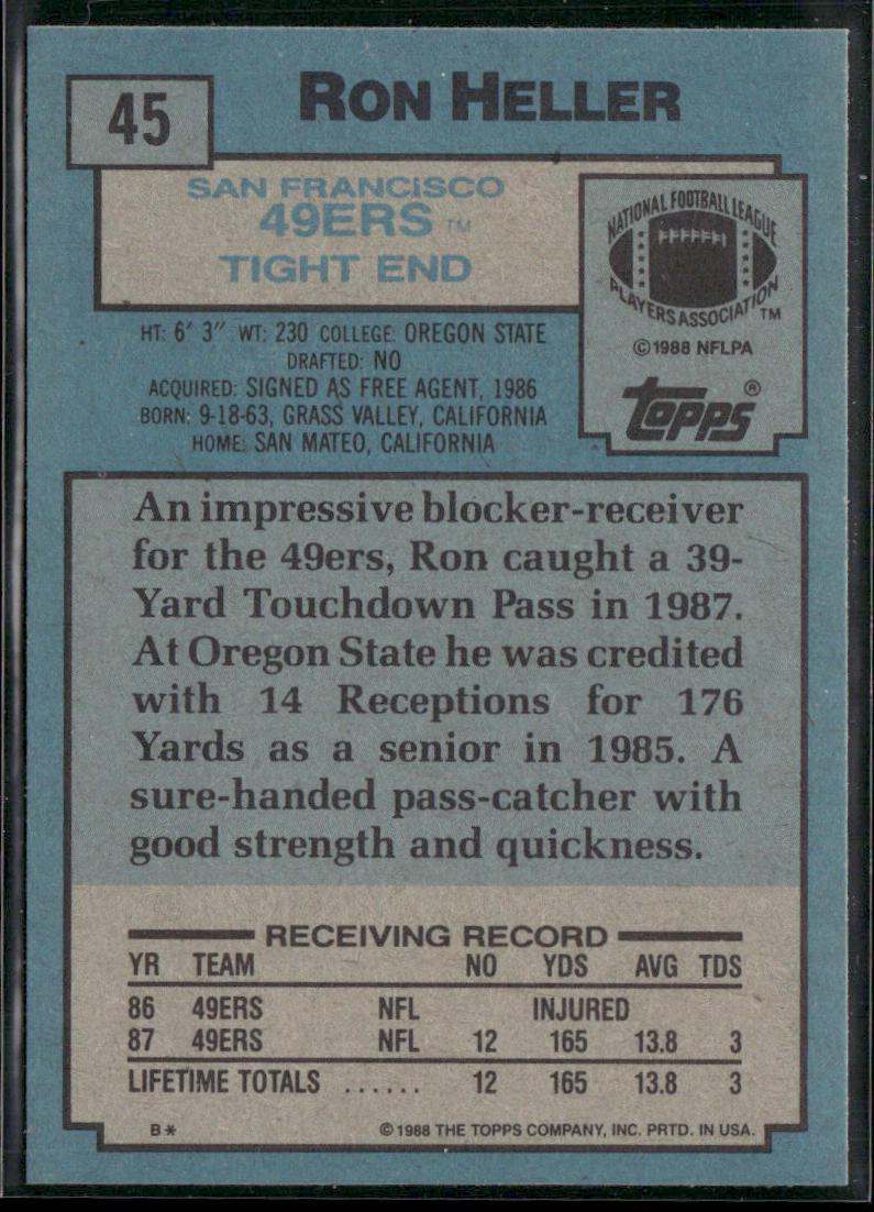 Ron Heller 1988 Topps #45 RC San Francisco 49ers