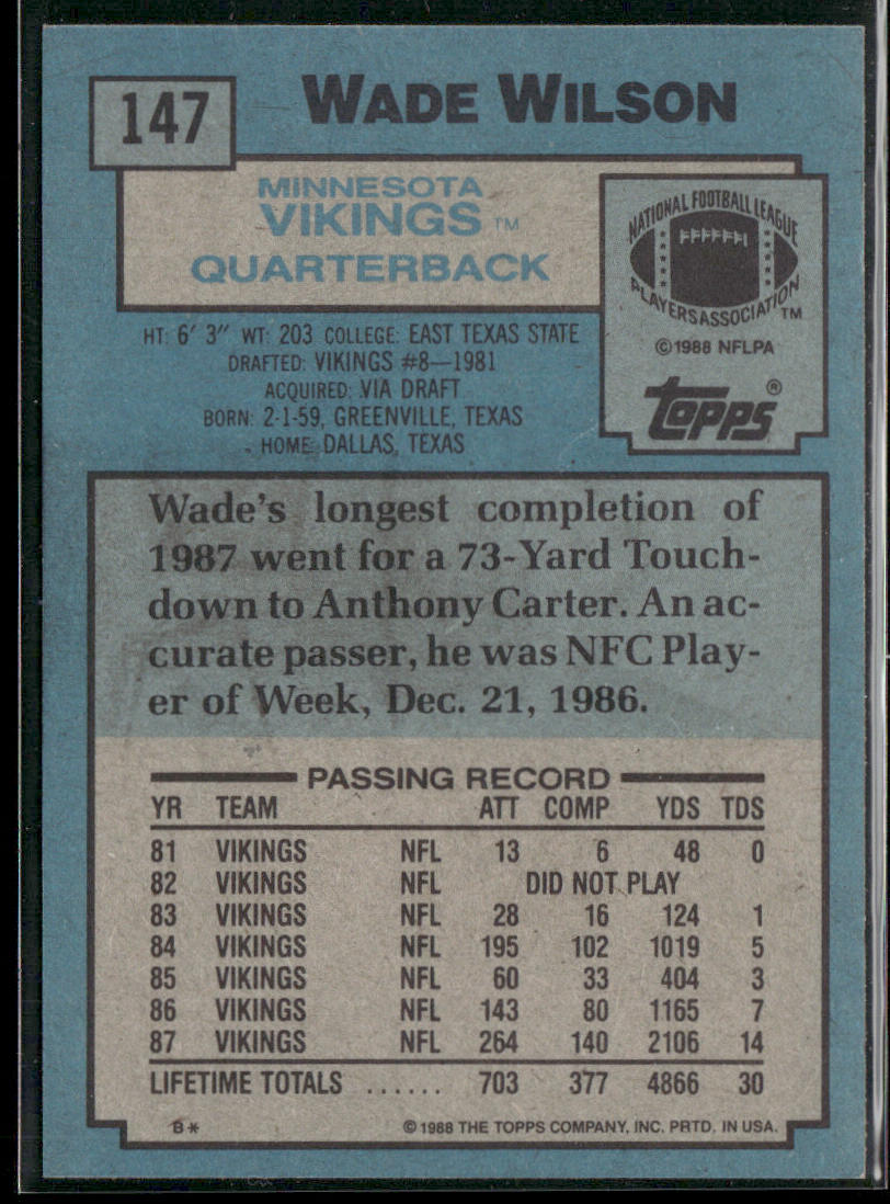 Wade Wilson 1988 Topps #147 RC Minnesota Vikings