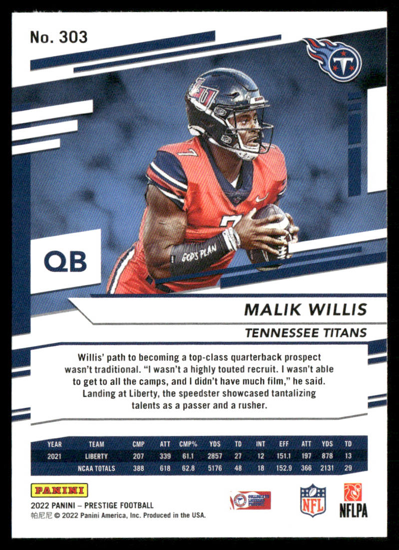 Malik Willis 2022 Panini Prestige #303 RC Tennessee Titans