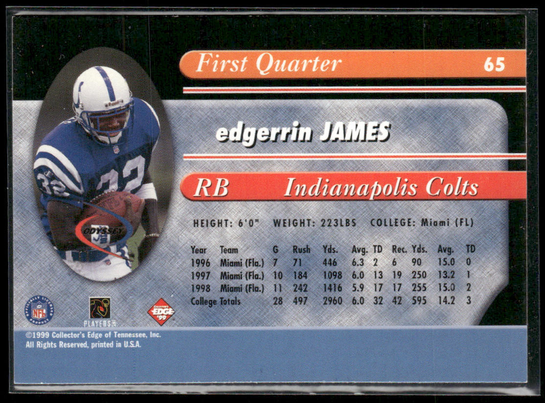Edgerrin James 1999 Collector's Edge Odyssey #65 RC Indianapolis Colts