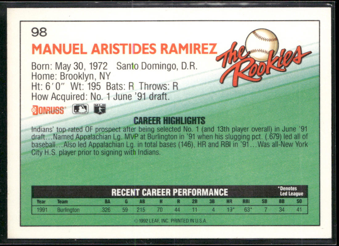 Manny Ramirez 1992 Donruss The Rookies #98 RC Cleveland Indians