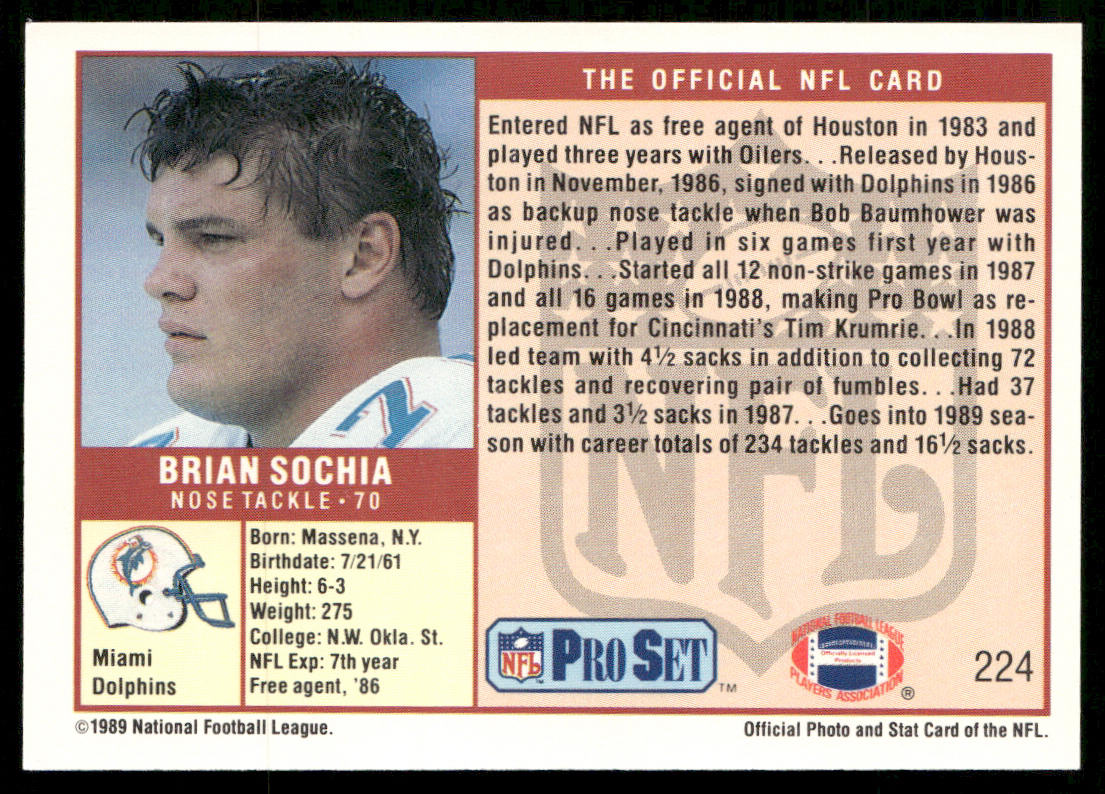 Brian Sochia 1989 Pro Set #224 RC Miami Dolphins