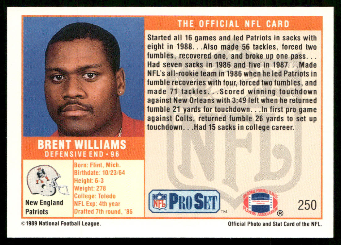 Brent Williams 1989 Pro Set #250 RC New England Patriots