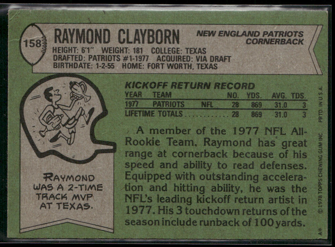 Raymond Clayborn 1978 Topps #158 RC New England Patriots