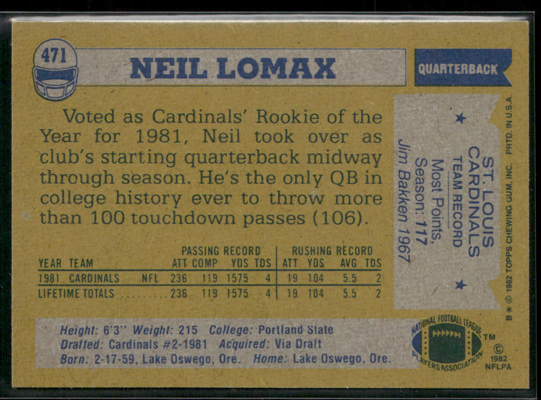 Neil Lomax 1982 Topps #471 RC St. Louis Cardinals
