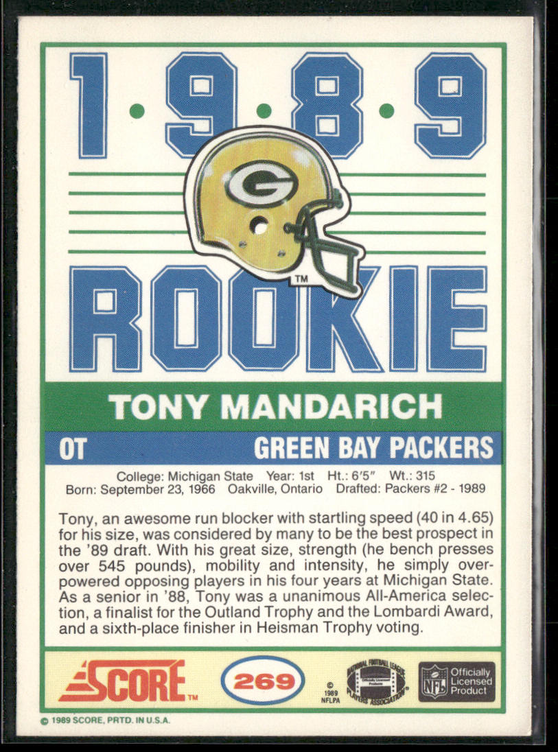 Tony Mandarich 1989 Score #269 RC Green Bay Packers