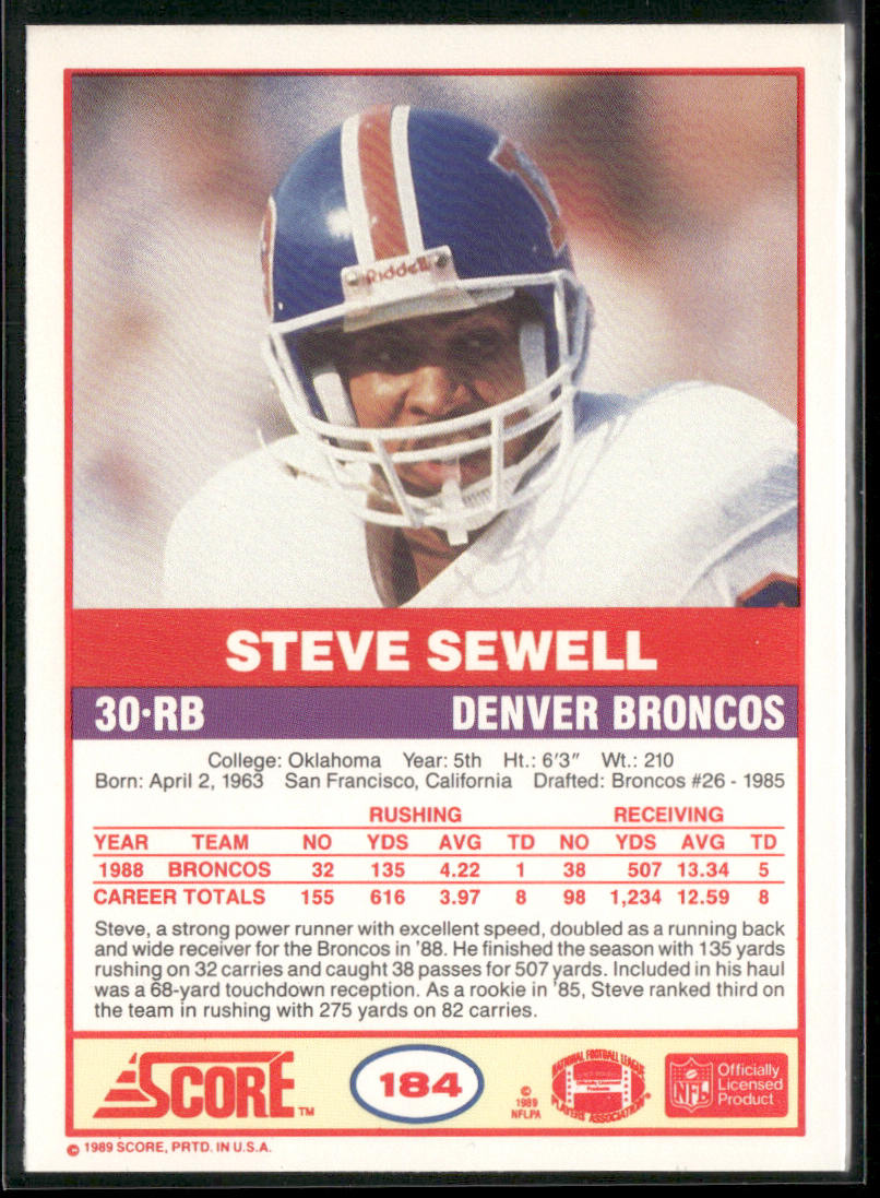 Steve Sewell 1989 Score #184 RC Denver Broncos